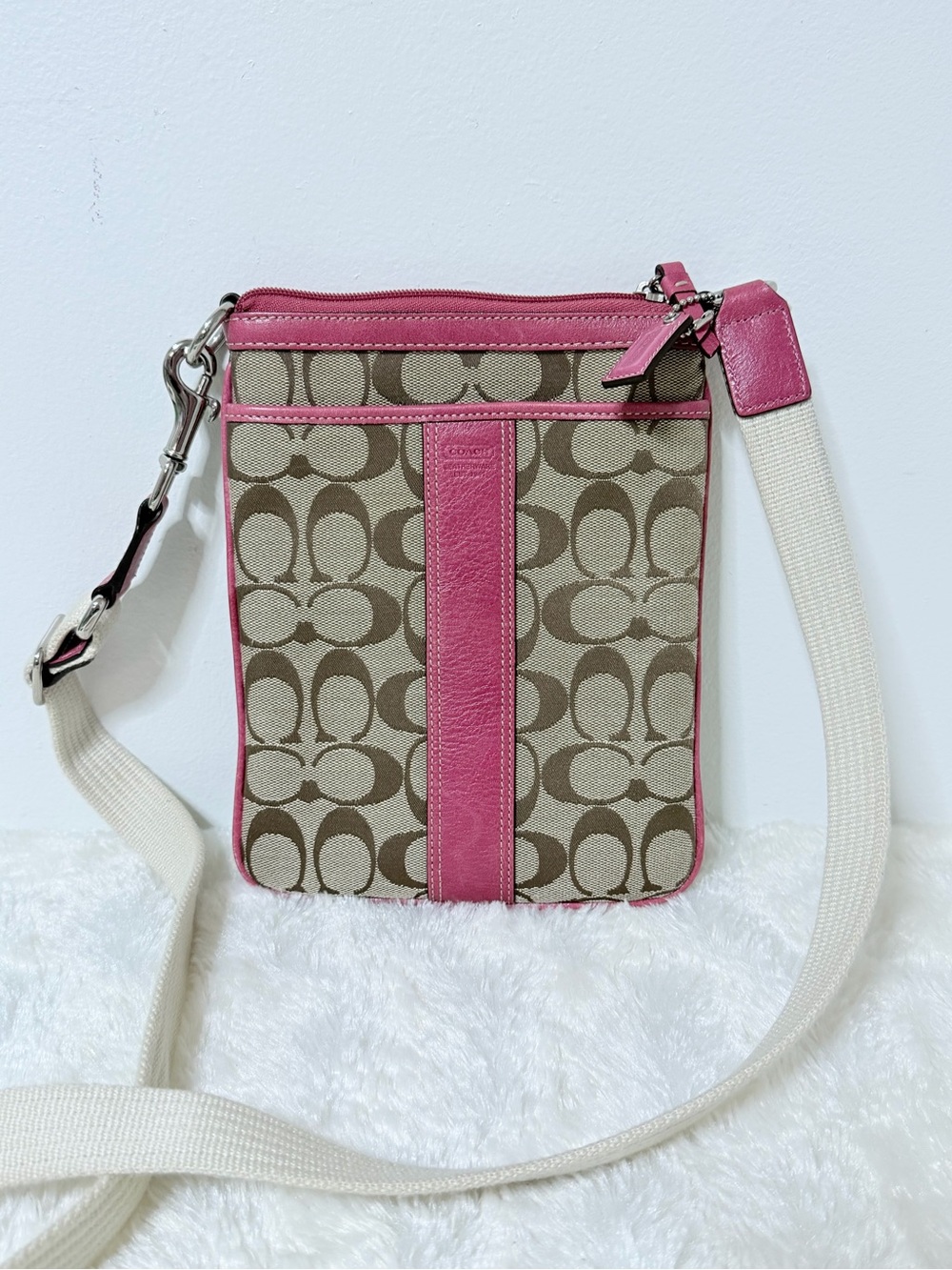 Coach Khaki Signature Crossbody with Pink Leather Trim